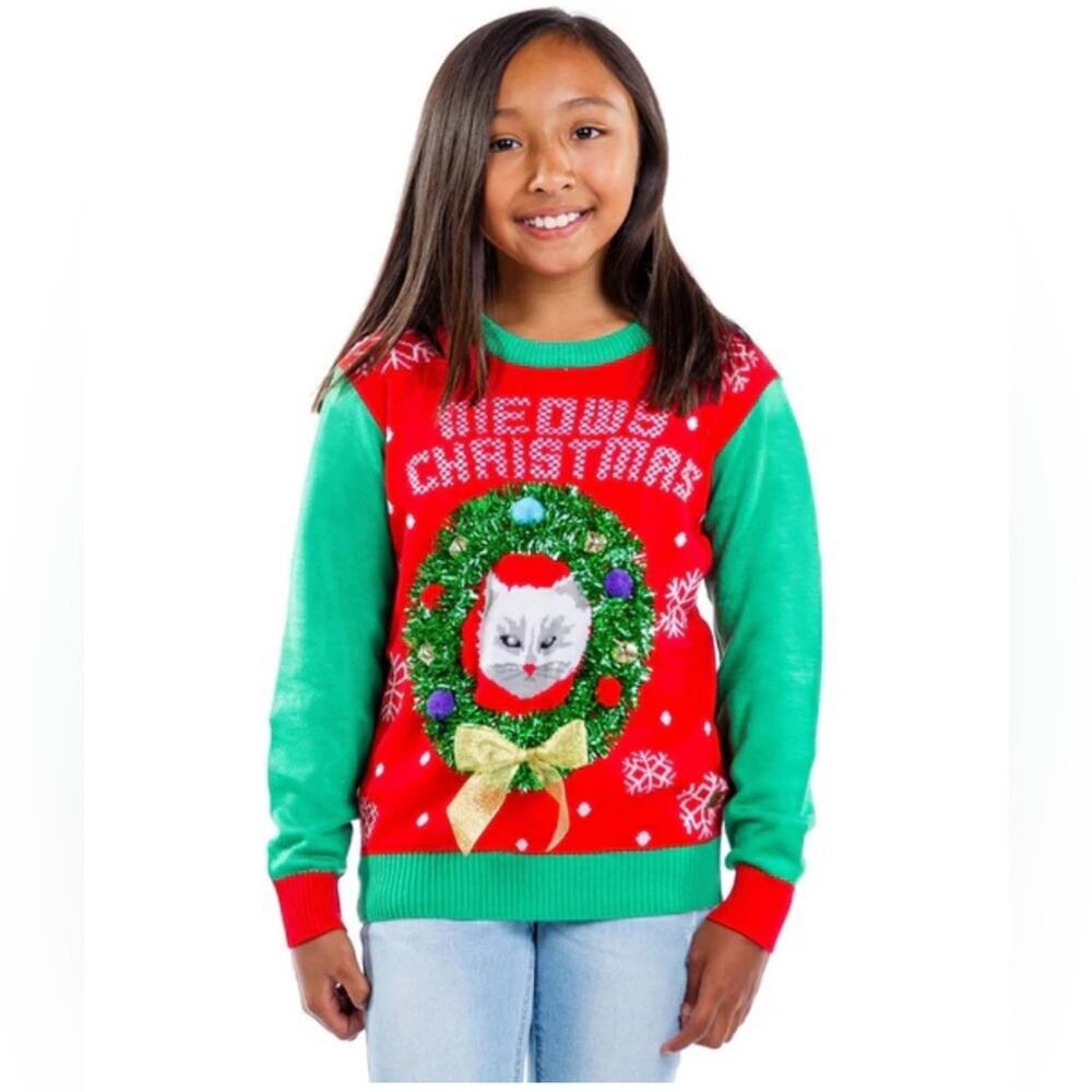 Tipsy elves youth cat in a wreath meowy Christmas ugly sweater size xl